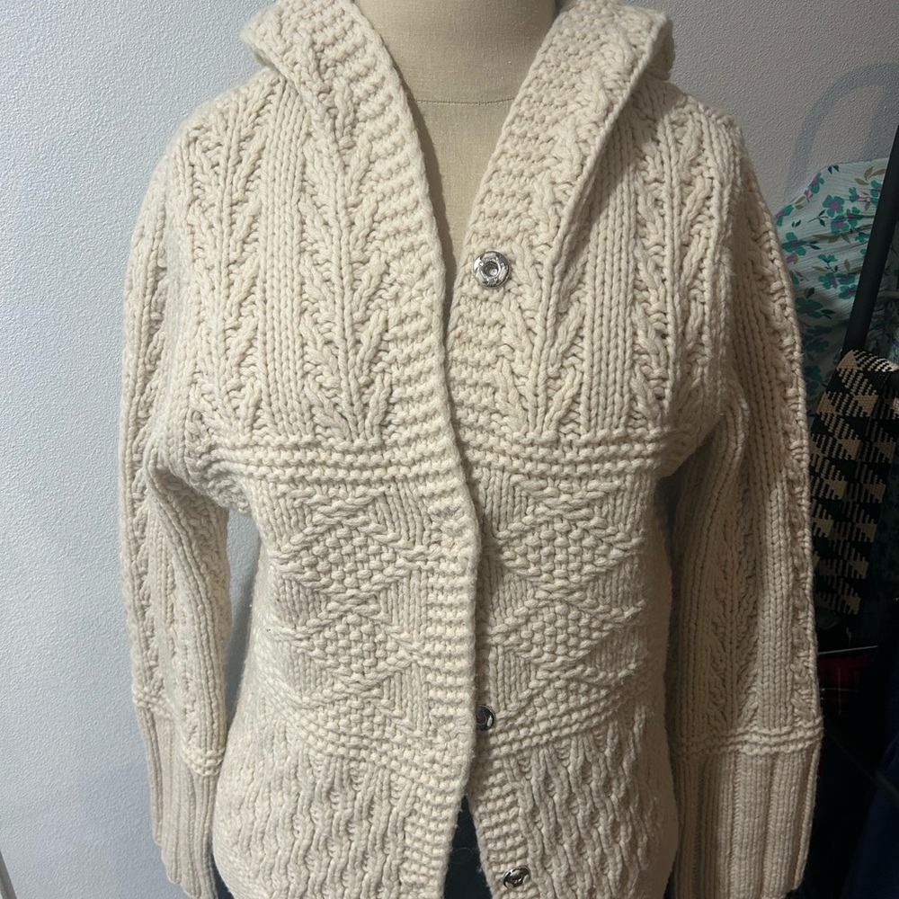 Vintage Lambswool Cream Knit Hooded Chunky Cardigan Sweater - Picture 1 of 4